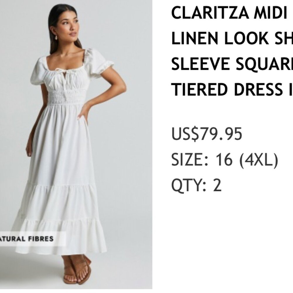 CLARITZA MIDI DRESS -LINEN LOOK SHORT PUFF SLEEVE SQUARE NECK TIERED DRESS